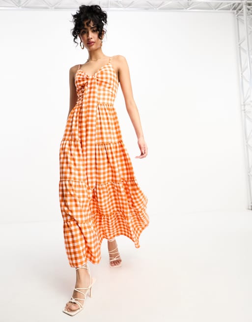 Little Mistress Maxi jurk met gingham ruiten in oranje ASOS