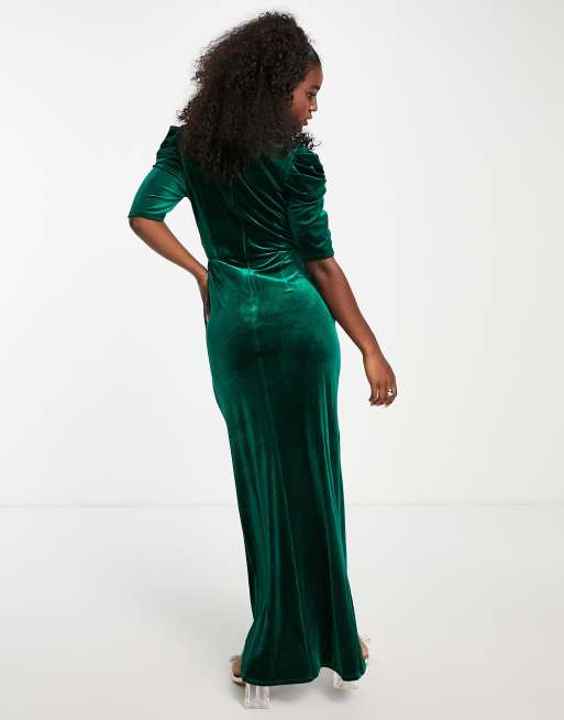 Little Mistress – Maxikleid aus Samt in Smaragdgrün mit Schlitz bis zum Oberschenkel , 2 von 4