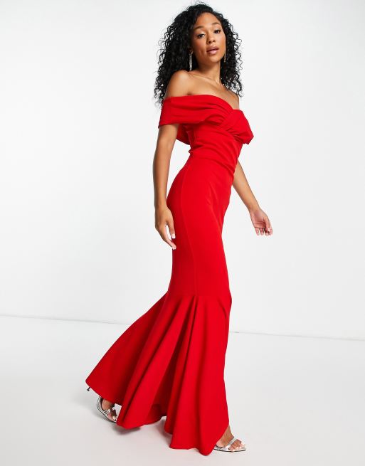 Little Mistress Maxikleid in Rot mit Carmen Ausschnitt und hinten langerem Saum ASOS