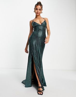 Little Mistress mermaid maxi dress with plunge front in emerald green - ASOS Price Checker