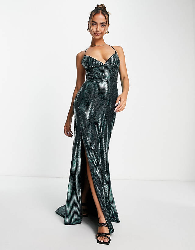 Little Mistress mermaid maxi dress with plunge front in emerald green