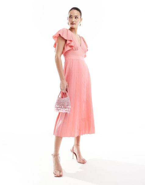 Little Mistress - Midaxi-jurk met kanten details en fladdermouwen in koraal - view 1