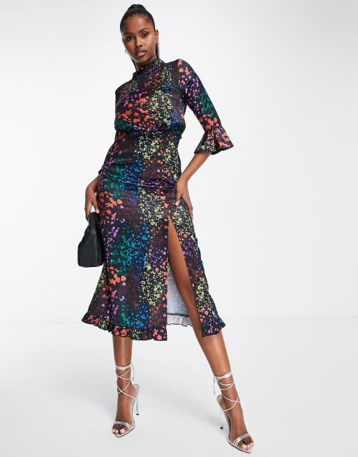 Little Mistress - Midaxi met dijsplit en meerkleurige print