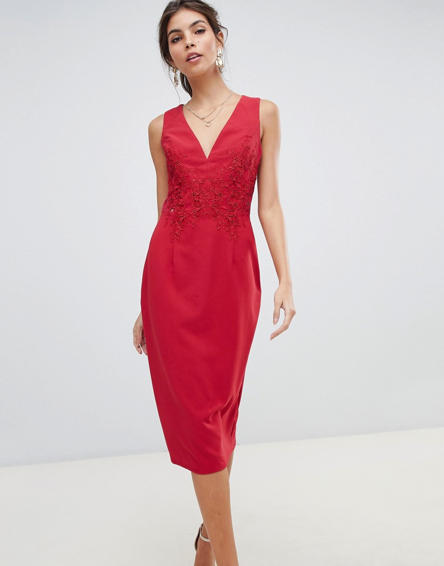 Little Mistress midi bodycon dress with floral applique and lace back-Red