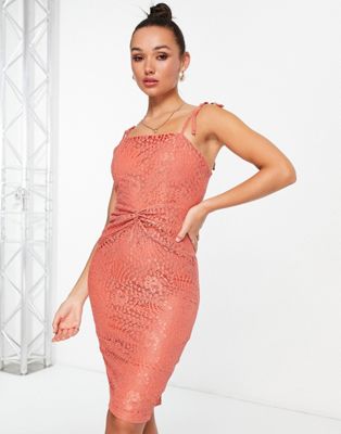 Little Mistress midi lace dress with tie detail straps in terracotta