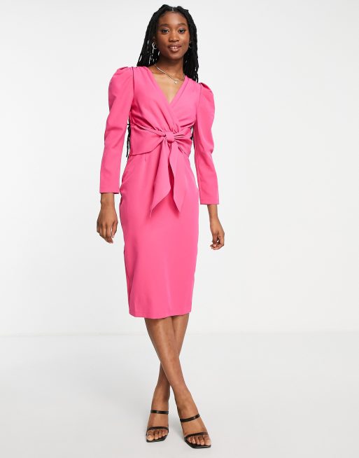Little Mistress - Midi jurk met pofschouders en gestrikte voorkant