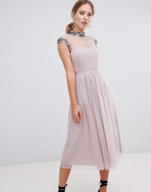 Little Mistress midi prom dress with embellished collar and sleeves | ASOS