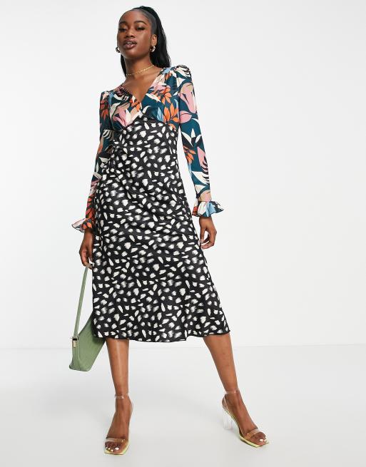 Little Mistress - Midi-tea-kjole med plunge front, patwork-blomstermønster og prikket print, 3 af 4