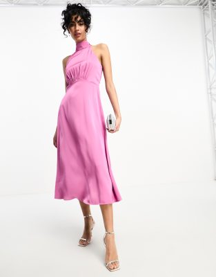 Little Mistress - Midikleid aus Satin in Rosa mit hohem Ausschnitt