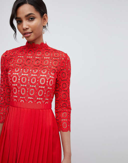 Spitze Mistress Oberteil tomatenrot langen Midikleid 4 aus 3 Faltenrock Little mit Ärmeln und zfqSwwp