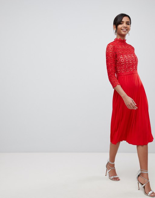 Spitze Mistress Oberteil tomatenrot langen Midikleid 4 aus 3 Faltenrock Little mit Ärmeln und zfqSwwp