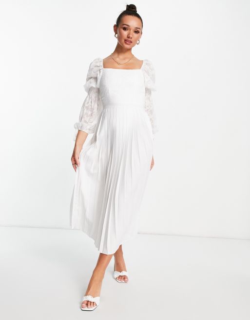 Little Mistress milkmaid midaxi dress with ruched sleeves in cream | ASOS