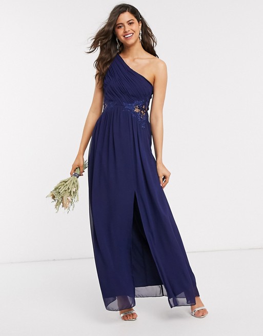 Little Mistress navy one shoulder maxi dress with lace in navy