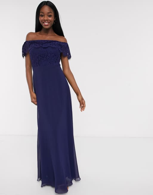 bridesmaid navy bardot lace insert fishtail maxi dress Little Mistress off shoulder in US Navy Dress Blue Satin Lingerie Size:36 Short This delicate lace extends