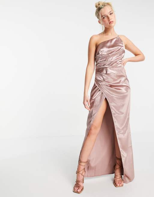 Little Mistress one shoulder drape maxi satin dress with split in oyster grey