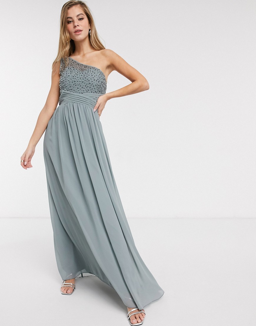 Little Mistress One Shoulder Maxi Dress With Embellishment In Gray-grey