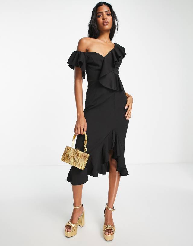 Little Mistress - one shoulder midi dress in black