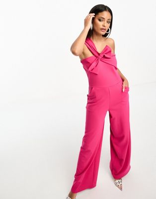 Little Mistress one shoulder wide leg jumpsuit with bow in pink
