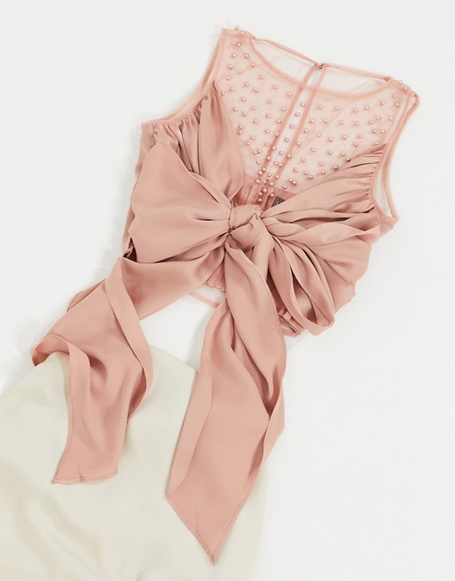 Little Mistress pearl detail wrap top in apricot