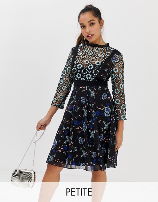 Little Mistress Petite all over floral lace midi skater dress in black