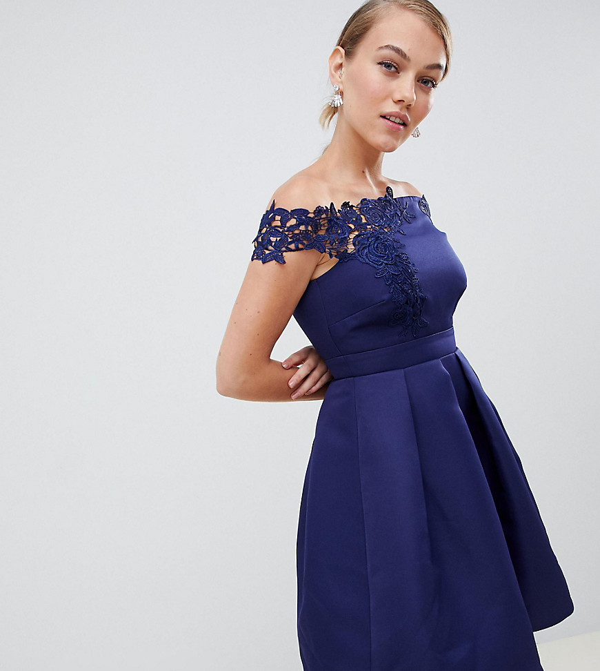 Little Mistress Petite bardot full prom high low dress with applique-Navy