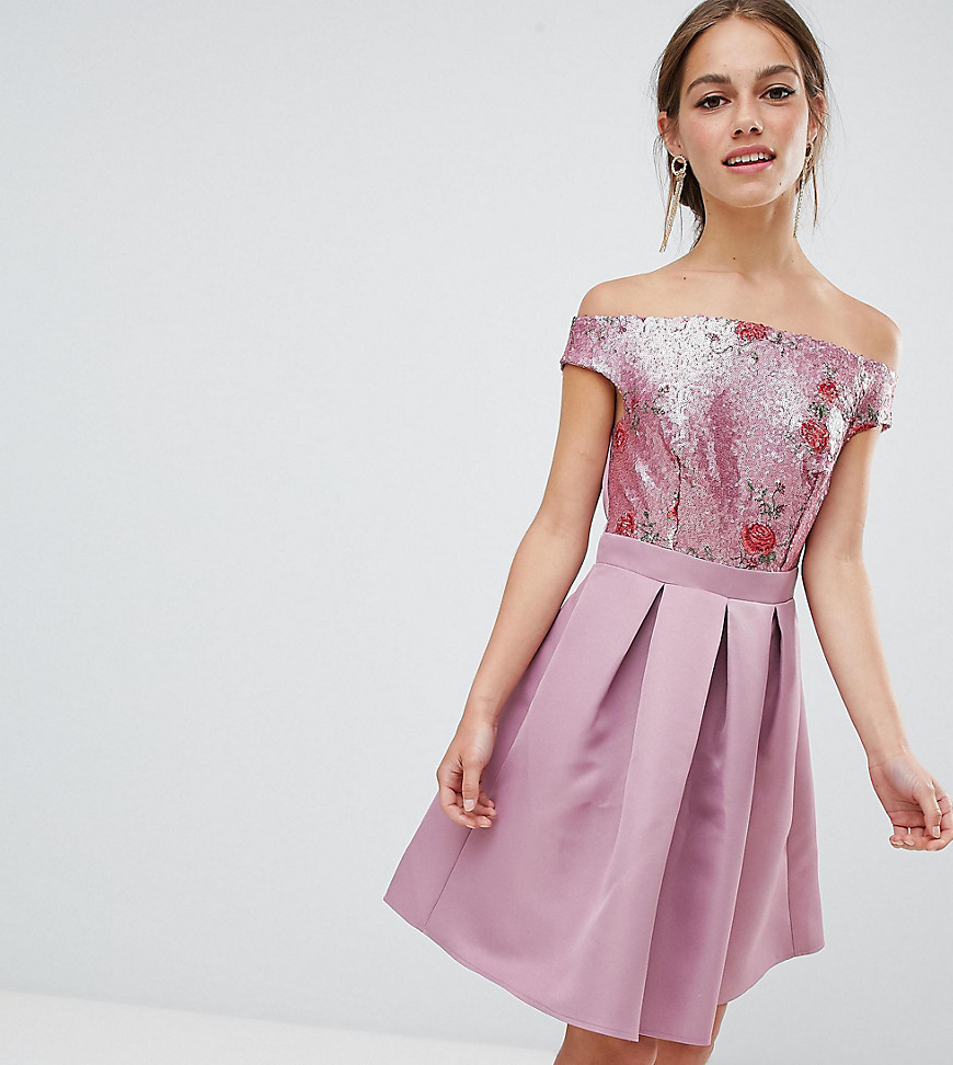 Little Mistress Petite bardot sequin top mini prom dress-Pink