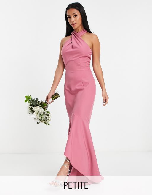 Little Mistress Petite Bridesmaid cross front midi dress in dark pink