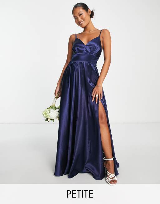 Little Mistress Petite Bridesmaid pleated maxi dress in navy