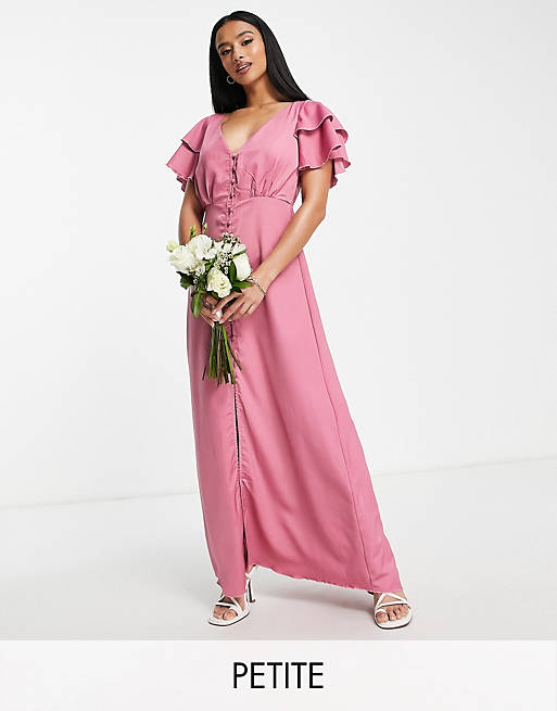 Little Mistress Petite Bridesmaid satin maxi dress with flutter sleeves in dark pink