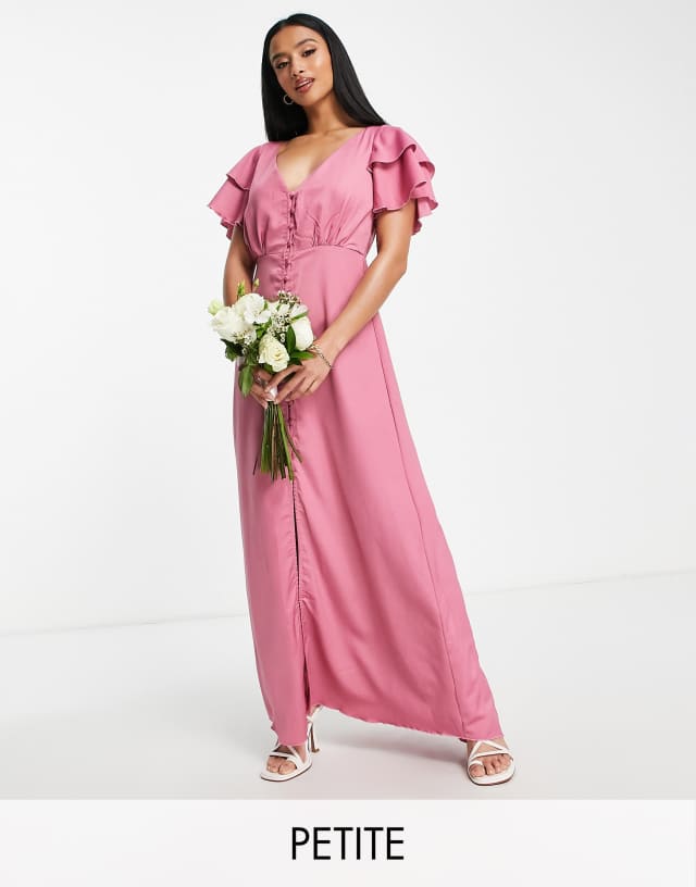 Little Mistress Petite Bridesmaid satin maxi dress with flutter sleeves in dark pink