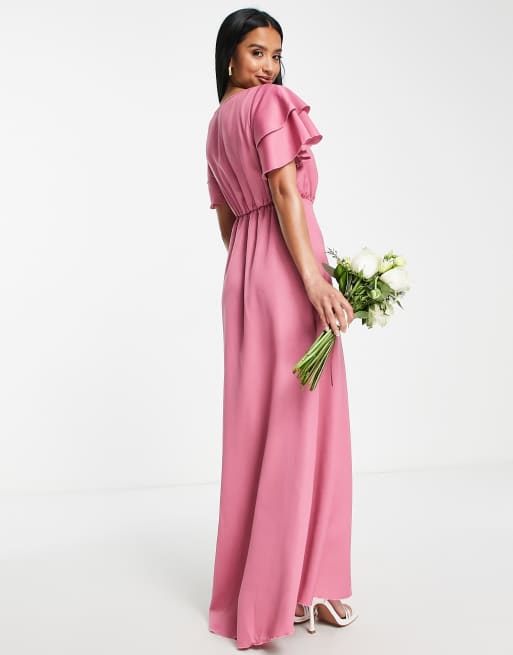 Little Mistress Petite Bridesmaid satin maxi dress with flutter sleeves in dark pink