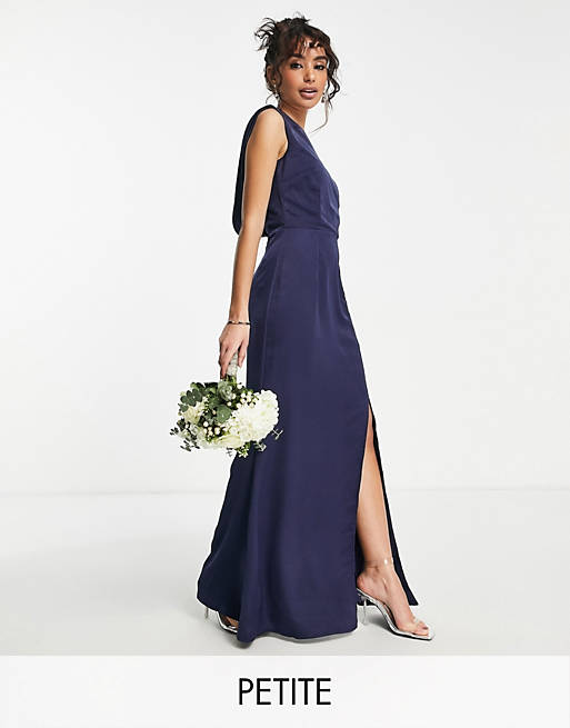 Little Mistress Petite Bridesmaid satin maxi dress with open back in navy