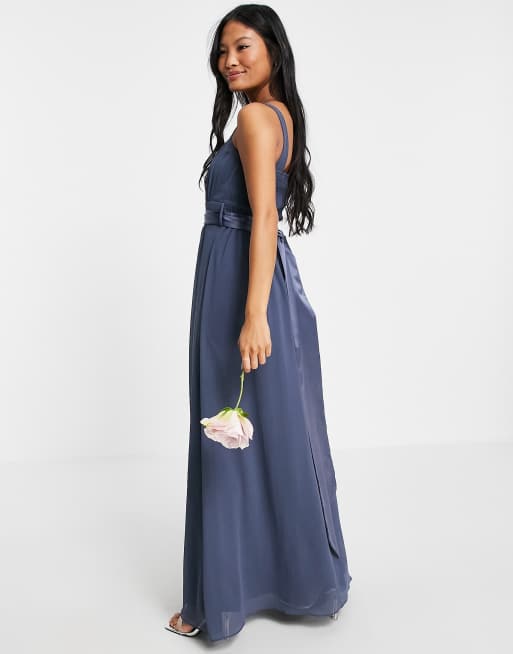 Little Mistress Petite Bridesmaid tie waist maxi dress in gray