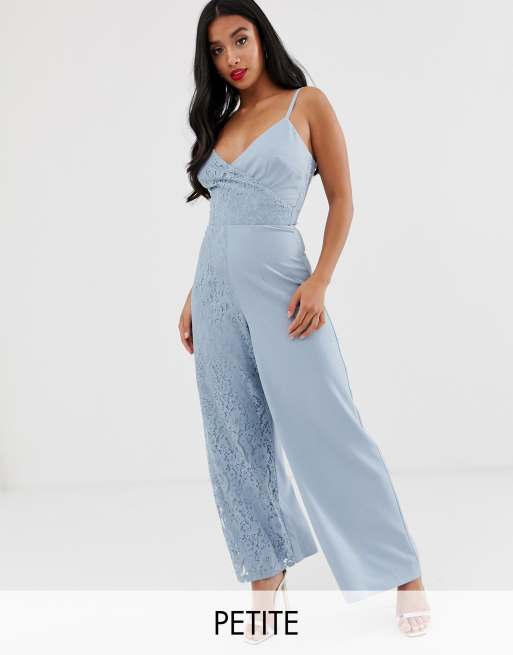 Little Mistress Petite cami strap wide leg jumpsuit with lace detail