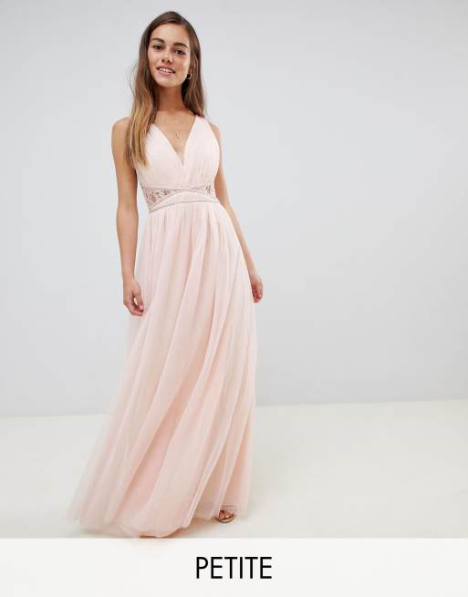 Little Mistress Petite embellished waist maxi dress with lace back in nude