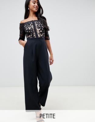 Little Mistress Petite lace applique top tailored jumpsuit in black | ASOS