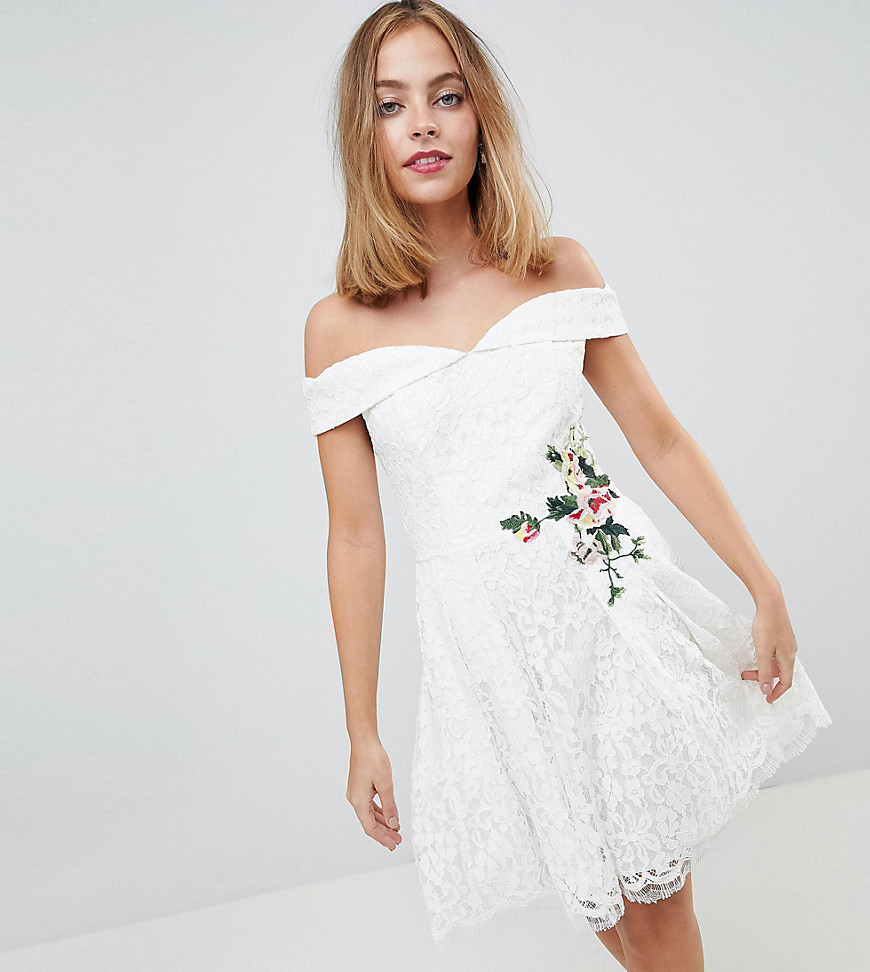 Little Mistress Petite Lace Mini Bardot Dress With Floral Embroidery-Cream