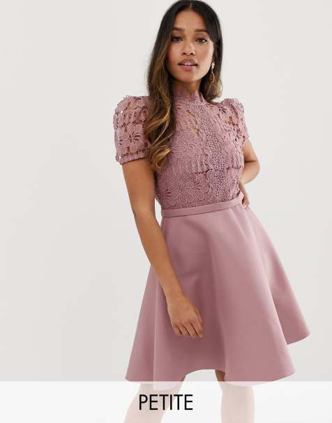 Little Mistress Petite lace top full prom mini dress in blush