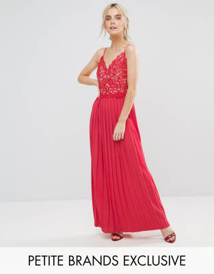 Little Mistress Petite Lace Top Pleated Maxi Dress-Red - Little ...