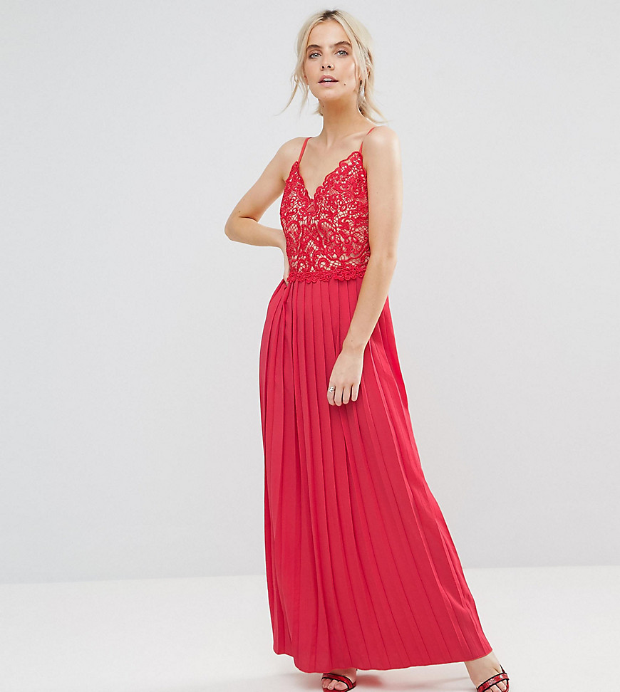 Little Mistress Petite Lace Top Pleated Maxi Dress-Red