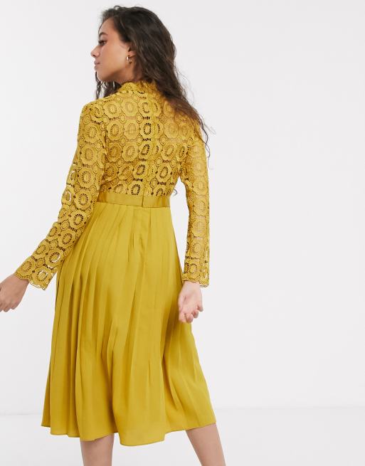 Little Mistress Petite midi length long sleeve lace dress in mustard