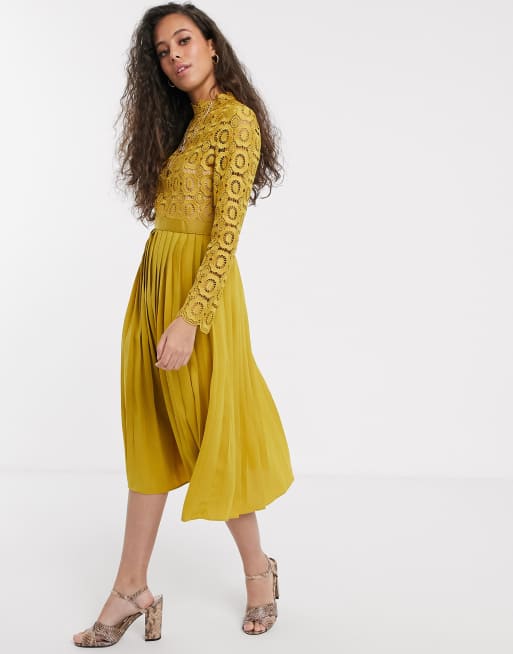 Mustard lace midi clearance dress