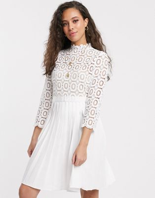 Little Mistress Petite mini length 3/4 sleeve lace dress in white