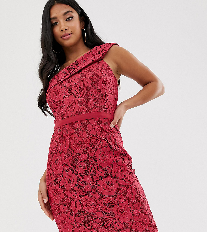 Little Mistress Petite one shoulder all over lace midi dress-Pink