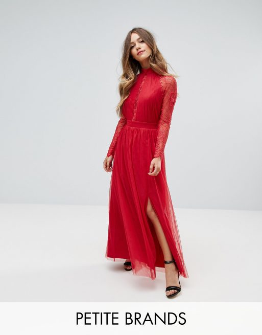 Little Mistress Petite Pleat Front Maxi Dress With Lace Sleeve Detail ASOS