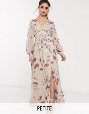 Little Mistress Petite plunge maxi dress in floral with gold fleck-Multi