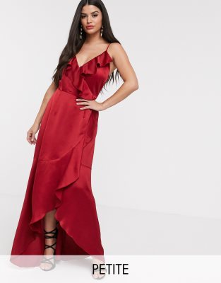 wrap over satin frill dress