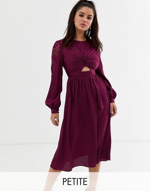 Little Mistress Petite satin midi dress with cut out waist in mulberry