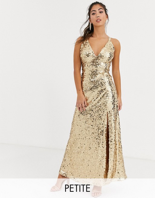 Little Mistress Petite strappy sequin maxi gown in gold