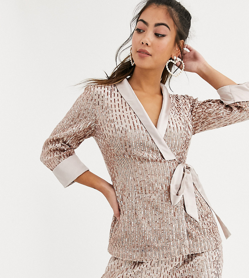 Little Mistress Petite tailored sequin wrap blazer in rose gold co ord